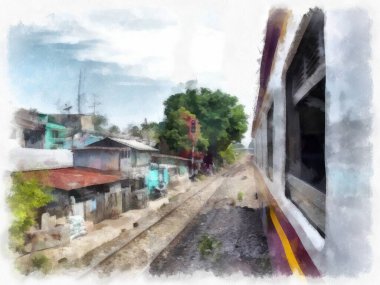 Tayland treni suluboya resim çizimi.