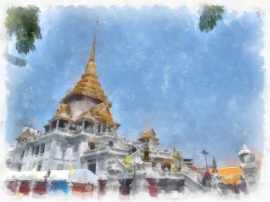 Eski Tayland mimarisi suluboya resim çizimi.