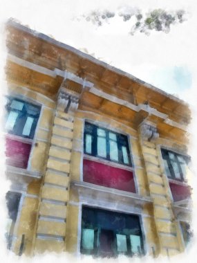 Eski Tayland mimarisi suluboya resim çizimi.