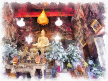 Wat Arun tapınağı Bangkok 'taki antik Tayland mimarisi suluboya resim çizimi.