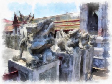 Wat Arun tapınağı Bangkok 'taki antik Tayland mimarisi suluboya resim çizimi.