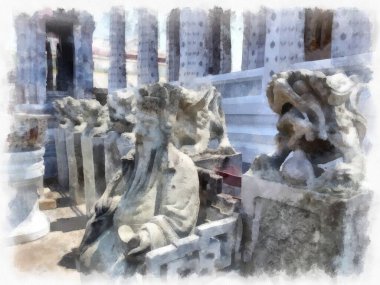 Wat Arun tapınağı Bangkok 'taki antik Tayland mimarisi suluboya resim çizimi.