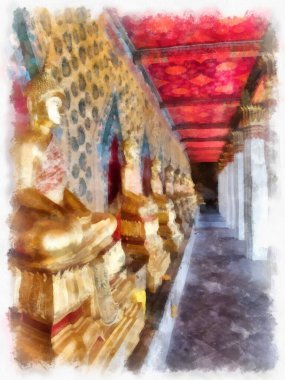 Wat Arun tapınağı Bangkok 'taki antik Tayland mimarisi suluboya resim çizimi.