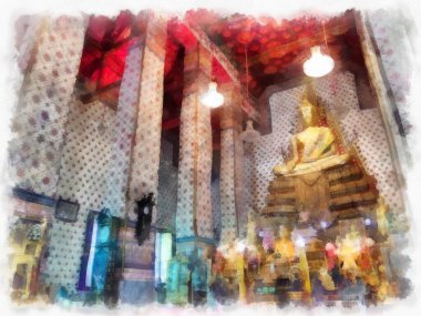 Wat Arun tapınağı Bangkok 'taki antik Tayland mimarisi suluboya resim çizimi.