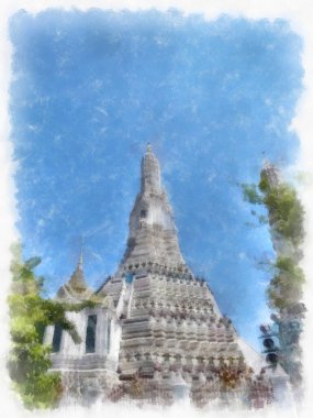 Wat Arun tapınağı Bangkok 'taki antik Tayland mimarisi suluboya resim çizimi.