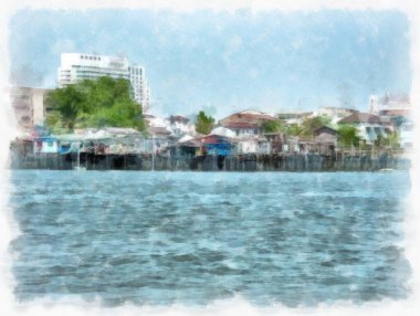 Bangkok 'taki Chao Phraya Nehri' nin manzarası suluboya resim çizimi izlenimcisi.