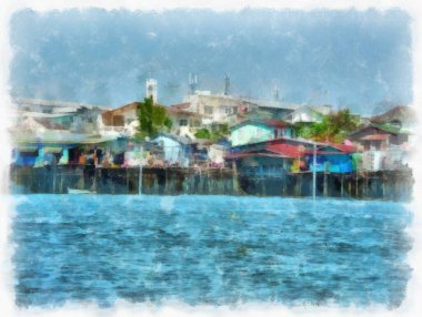 Bangkok 'taki Chao Phraya Nehri' nin manzarası suluboya resim çizimi izlenimcisi.