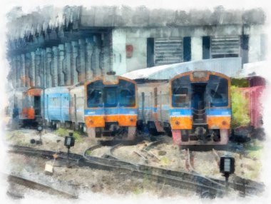 Tayland treni suluboya resim çizimi.