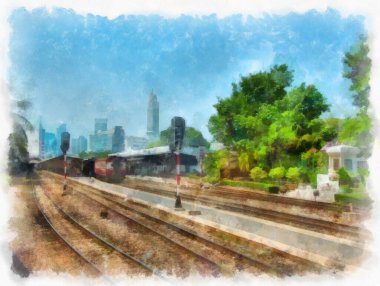 Tayland treni suluboya resim çizimi.