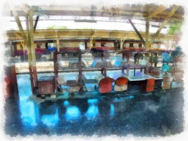 Tayland tren istasyonu suluboya resim çiziminin manzarası..