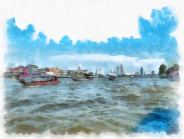 Bangkok Empresyonist tarzında suluboya resim yapan Chao Phraya Nehri kıyısı manzarası