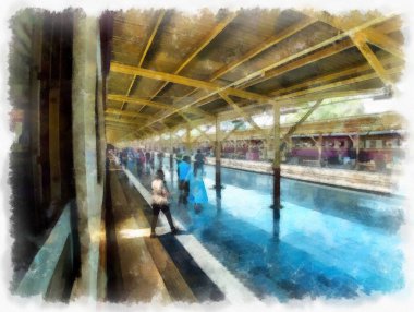 Tayland tren istasyonu suluboya resim çiziminin manzarası..