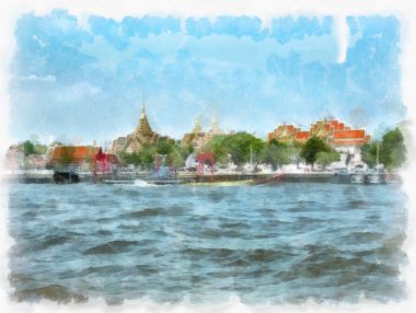 Bangkok Empresyonist tarzında suluboya resim yapan Chao Phraya Nehri kıyısı manzarası