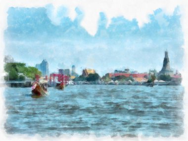 Bangkok Empresyonist tarzında suluboya resim yapan Chao Phraya Nehri kıyısı manzarası
