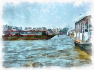 Bangkok Empresyonist tarzında suluboya resim yapan Chao Phraya Nehri kıyısı manzarası