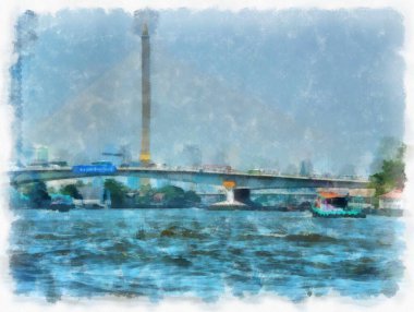 Bangkok Empresyonist tarzında suluboya resim yapan Chao Phraya Nehri kıyısı manzarası