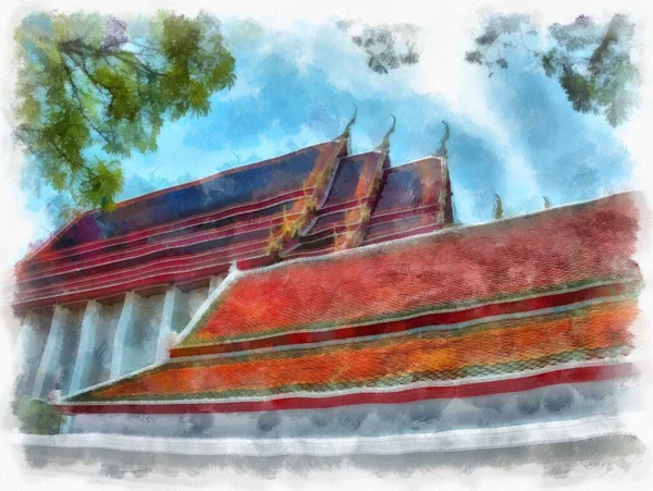 古代タイの建築の建物の水彩スタイルのイラストの印象派絵画 — ストック写真