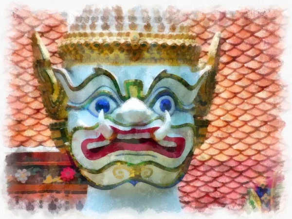 王安寺古泰建筑在曼谷水彩画风格图解中的印象派绘画 — 图库照片