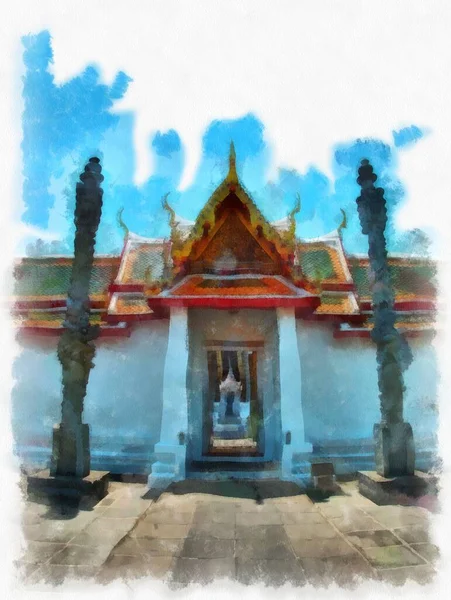 Wat Arun Tempel Oude Thaise Architectuur Bangkok Aquarel Stijl Illustratie — Stockfoto