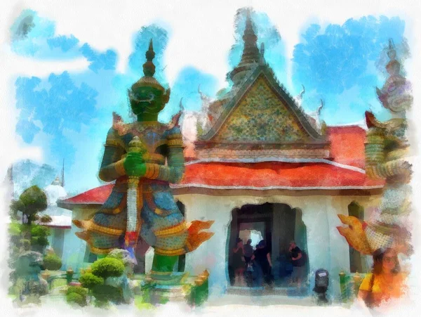 Ват Арун Храм Давня Тайська Архітектура Стилі Акварелі Бангкоку Ілюстрований — стокове фото
