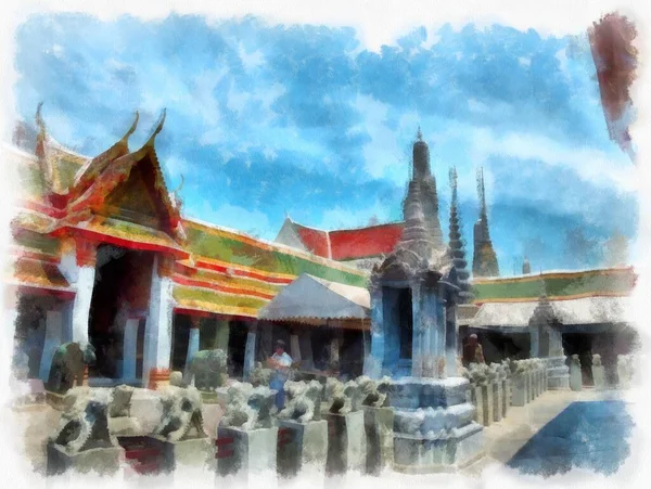 Wat Arun Tempel Oude Thaise Architectuur Bangkok Aquarel Stijl Illustratie — Stockfoto