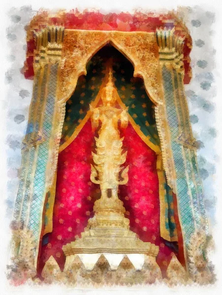 Wat Arun tapınağı Bangkok 'taki antik Tayland mimarisi suluboya resim çizimi.