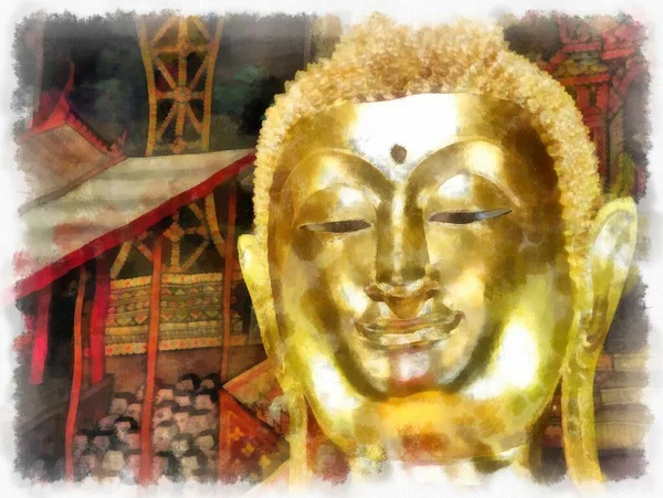 Wat Arun tapınağı Bangkok 'taki antik Tayland mimarisi suluboya resim çizimi.