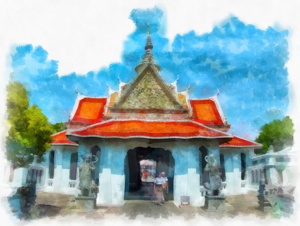 Wat Arun Temple Ancient Thai Architecture Bangkok Watercolor Style Illustration — 스톡 사진