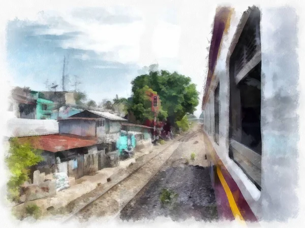 Tayland treni suluboya resim çizimi.