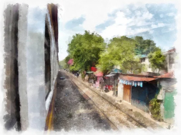 Tren Tailandés Acuarela Estilo Ilustración Pintura Impresionista — Foto de Stock