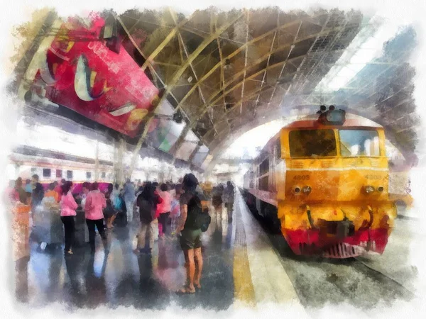泰国火车水彩画图解印象派绘画 — 图库照片