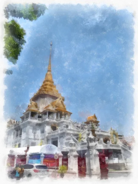 Oude Thaise Architectuur Gebouw Aquarel Stijl Illustratie Impressionistische Schilderij — Stockfoto