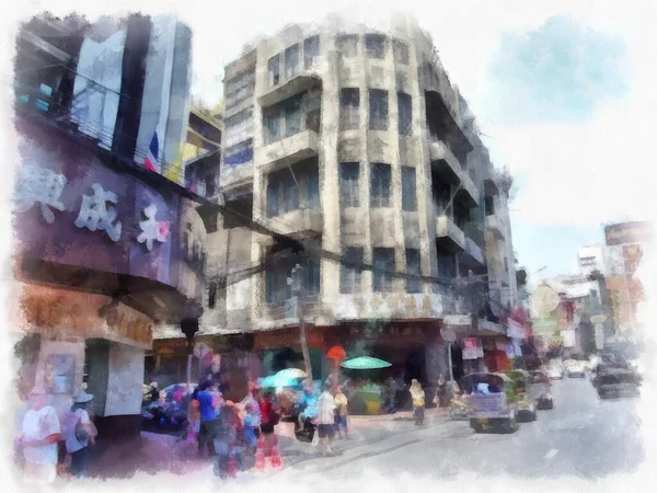 Paisaje Calles Ciudad Bangkok Tailandia Acuarela Estilo Ilustración Pintura Impresionista —  Fotos de Stock