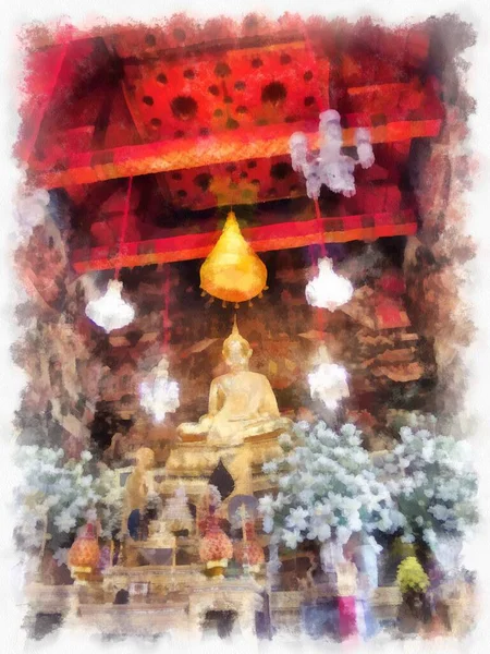Wat Arun tapınağı Bangkok 'taki antik Tayland mimarisi suluboya resim çizimi.