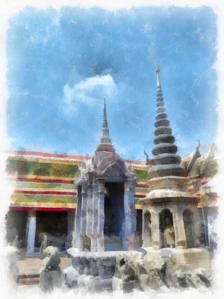 Wat Arun Temple Ancient Thai Architecture Bangkok Watercolor Style Illustration — стоковое фото