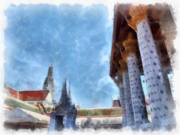 Wat Arun Templo Antiga Arquitetura Tailandesa Bangkok Aquarela Estilo Ilustração — Fotografia de Stock