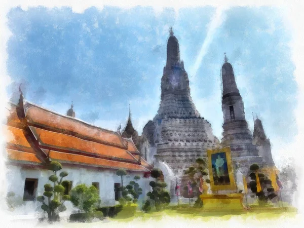 Wat Arun Templo Antigua Arquitectura Tailandesa Bangkok Acuarela Estilo Ilustración — Foto de Stock