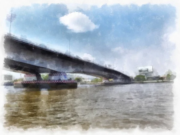 Paisagem Rio Chao Phraya Bangkok Ilustração Estilo Aquarela Pintura Impressionista — Fotografia de Stock