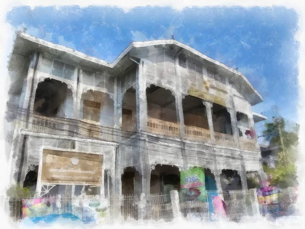 バンコクの古代放棄された木造建築の風景水彩画スタイルのイラスト印象派絵画 — ストック写真