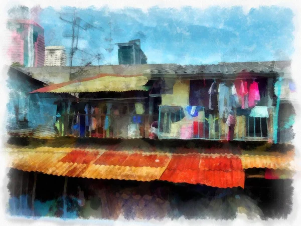 Casa Residencial Los Barrios Bajos Ciudad Acuarela Estilo Ilustración Pintura —  Fotos de Stock