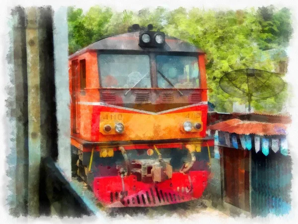 Thai Train Watercolor Style Illustration Impressionist Painting — Stock Photo, Image