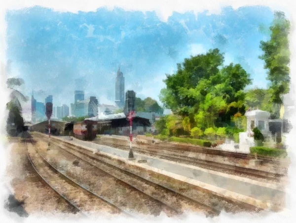 Thai Train Watercolor Style Illustration Impressionist Painting — стоковое фото