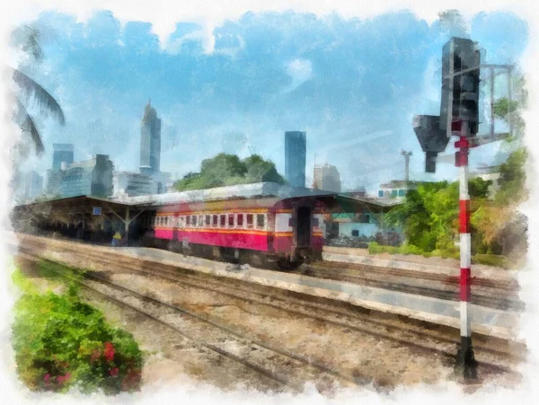 Ταϊλανδικό Τρένο Ακουαρέλα Στυλ Εικονογράφηση Ιμπρεσιονιστής Ζωγραφική — Φωτογραφία Αρχείου
