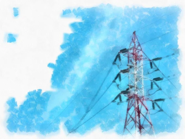 Alta Tensão Torre Transmissão Aquarela Estilo Ilustração Impressionista Pintura — Fotografia de Stock