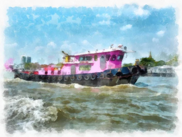 曼谷朝弗拉亚河岸景观 印象派风格水彩画 — 图库照片