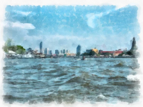 Paisagem Margem Rio Chao Phraya Bangkok Pintura Aquarela Estilo Impressionista — Fotografia de Stock