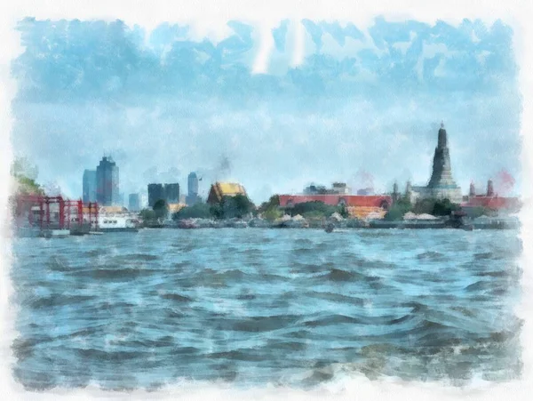 Paisagem Margem Rio Chao Phraya Bangkok Pintura Aquarela Estilo Impressionista — Fotografia de Stock
