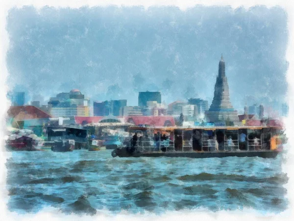 Paesaggio Della Riva Del Fiume Chao Phraya Bangkok Pittura Acquerello — Foto Stock
