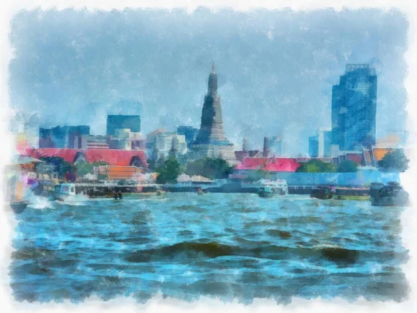 Paesaggio Della Riva Del Fiume Chao Phraya Bangkok Pittura Acquerello — Foto Stock