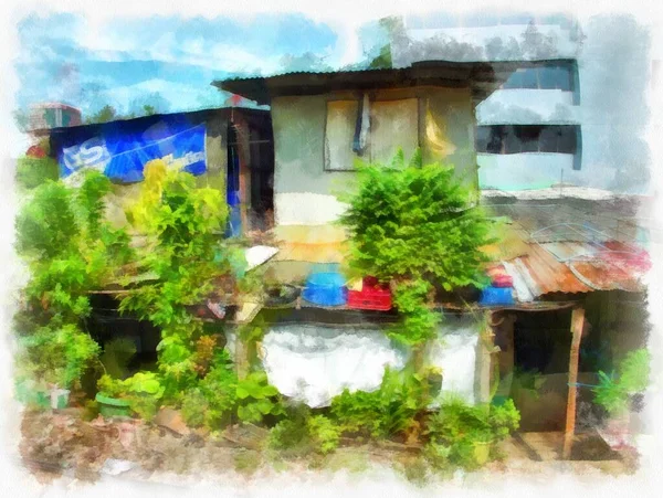 Κατοικίες Σπίτι Στις Φτωχογειτονιές Της Πόλης Ακουαρέλα Στυλ Εικονογράφηση Ιμπρεσιονιστική Royalty Free Εικόνες Αρχείου